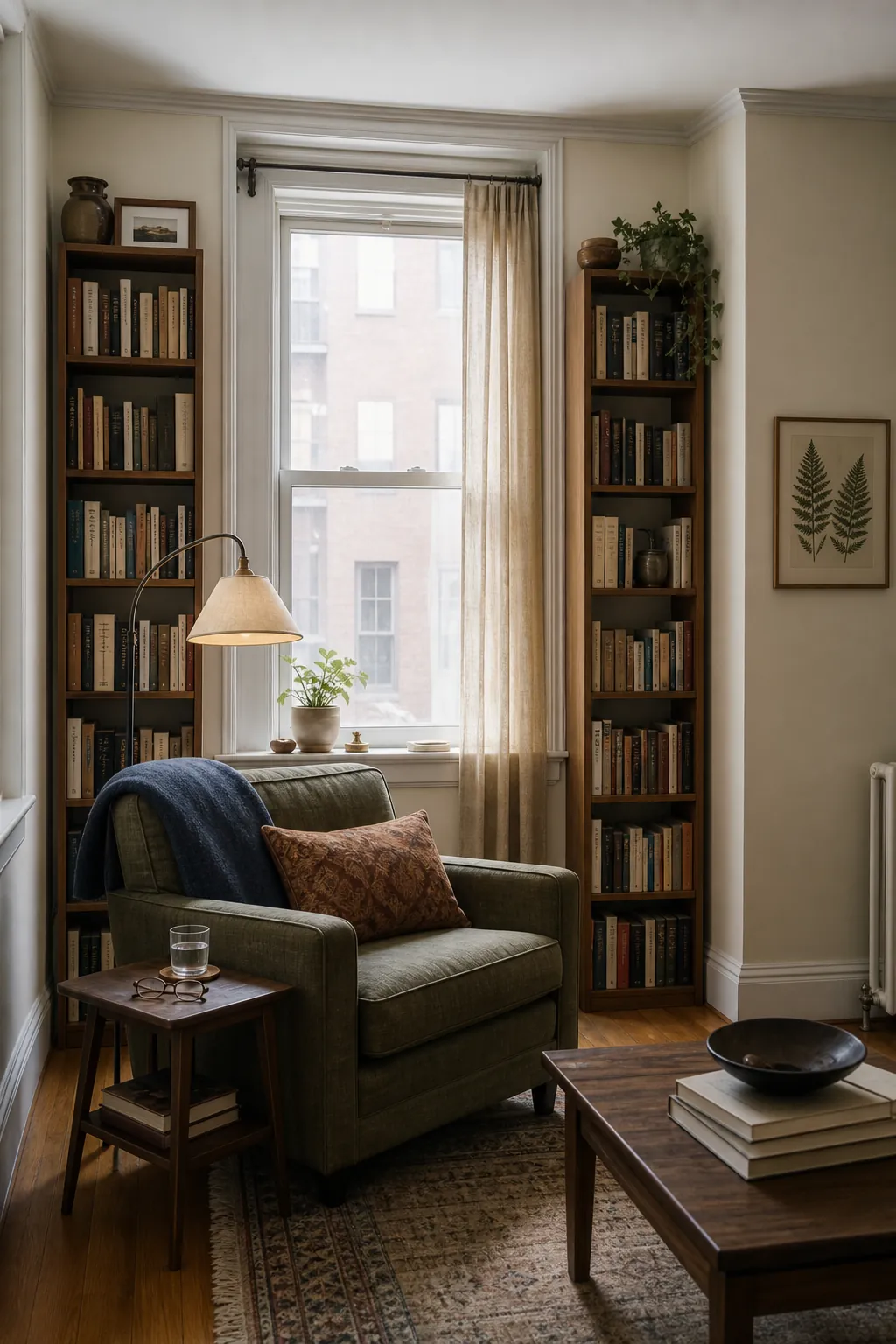 Small home library arranged in a living room without a separate room