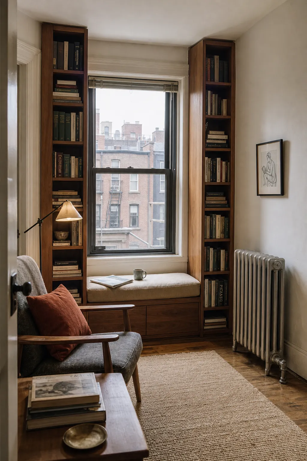 Tall narrow bookshelves framing a living room window in a small home library