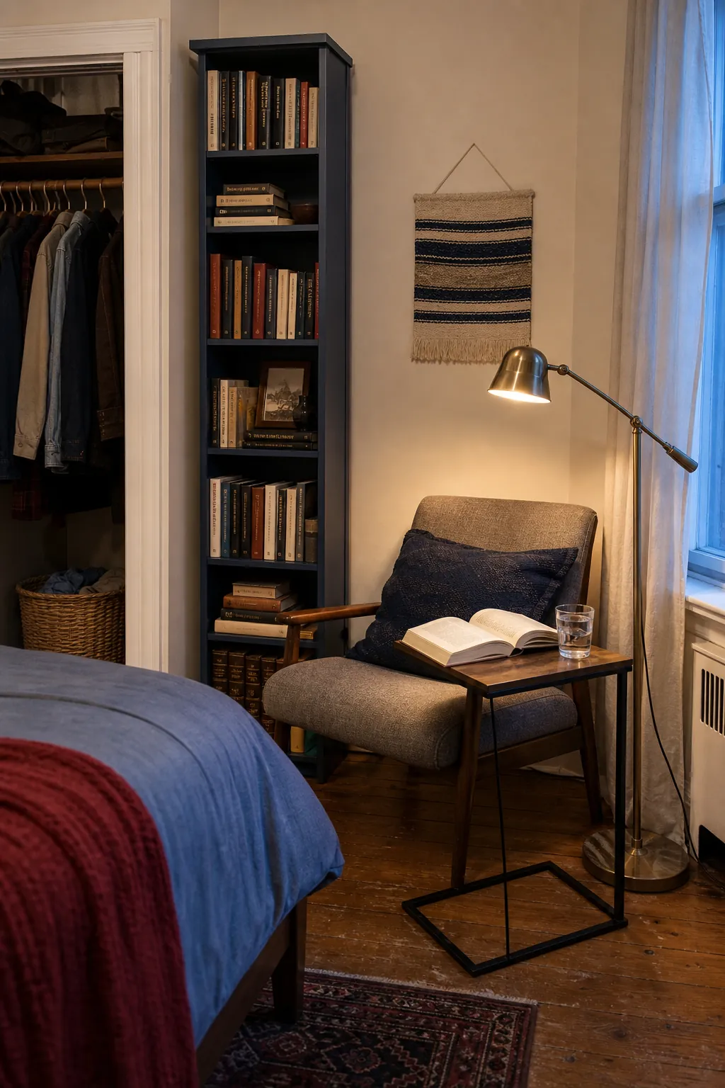 Compact bedroom corner with books, reading chair, and warm lamp