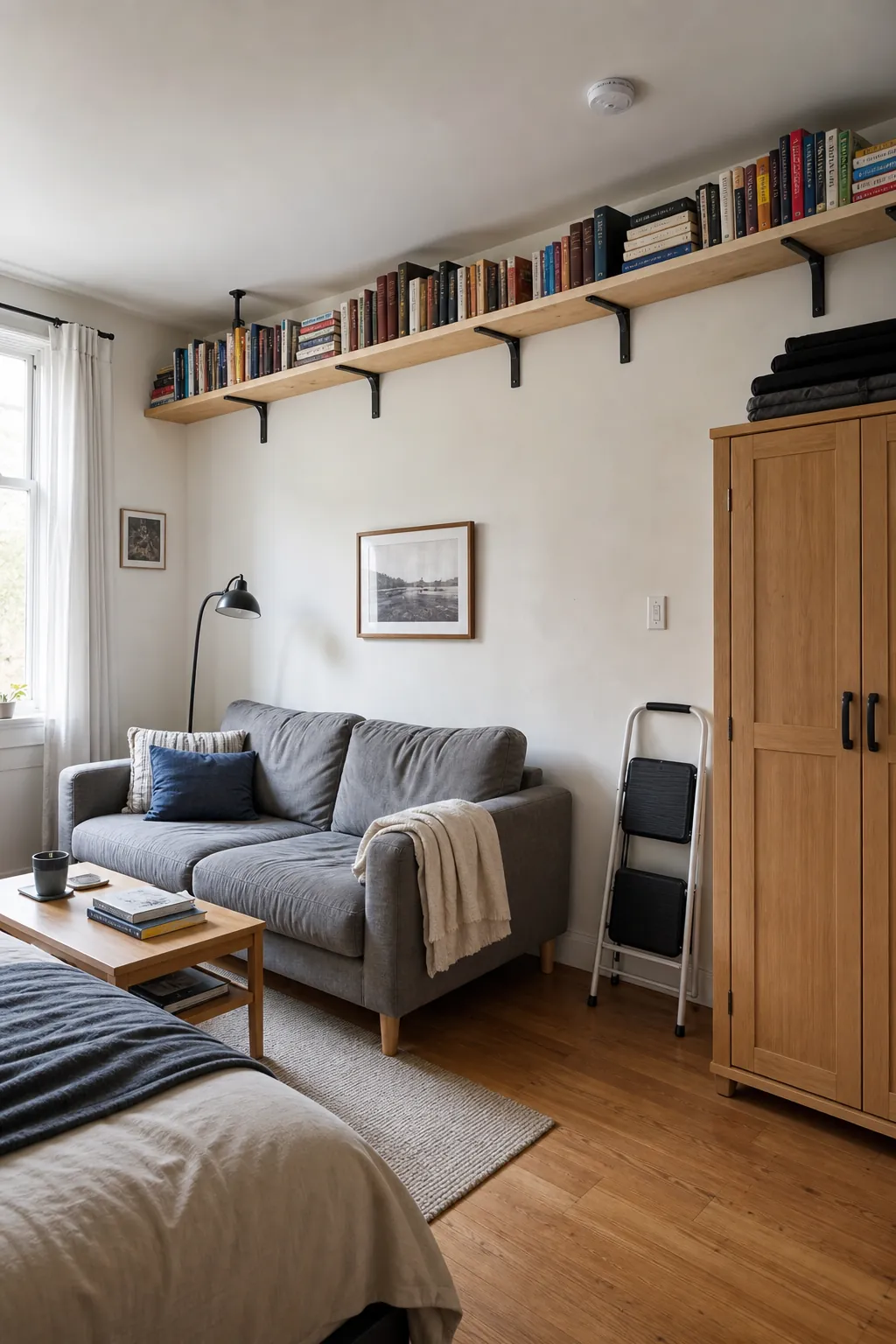 High perimeter shelf storing books in a small studio apartment
