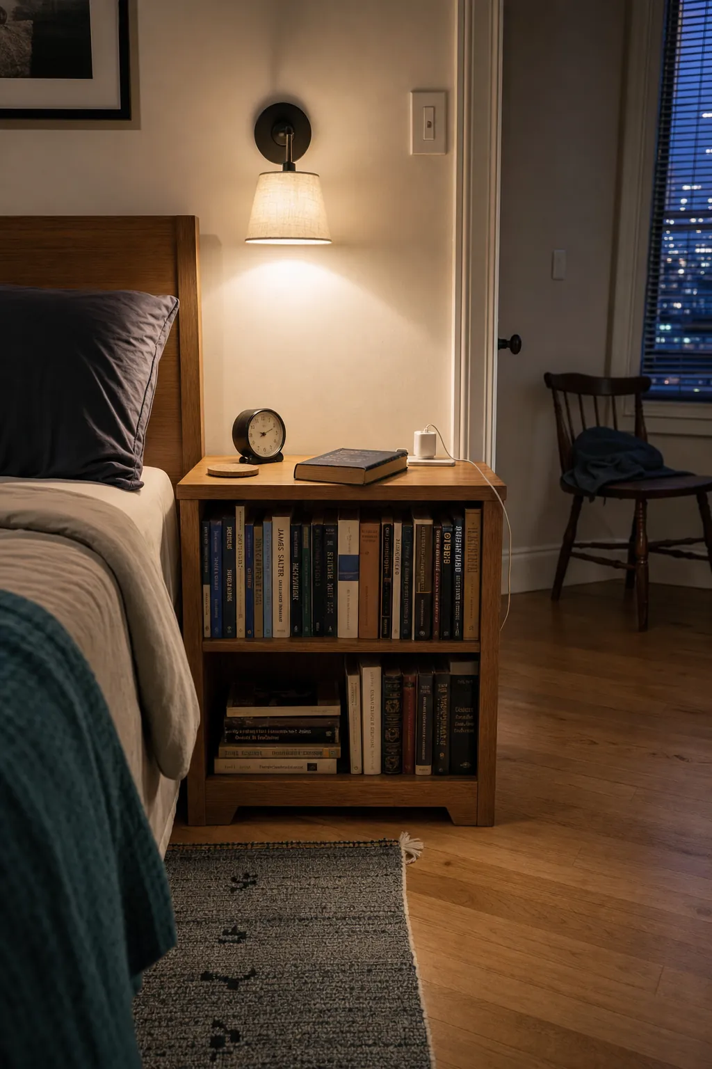 Low bookshelf used as a bedside table for book storage