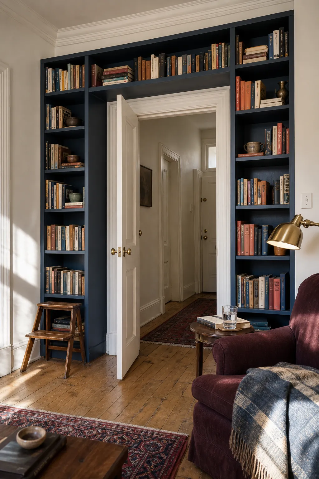 Floor-to-ceiling bookshelves built around a doorway in a compact home