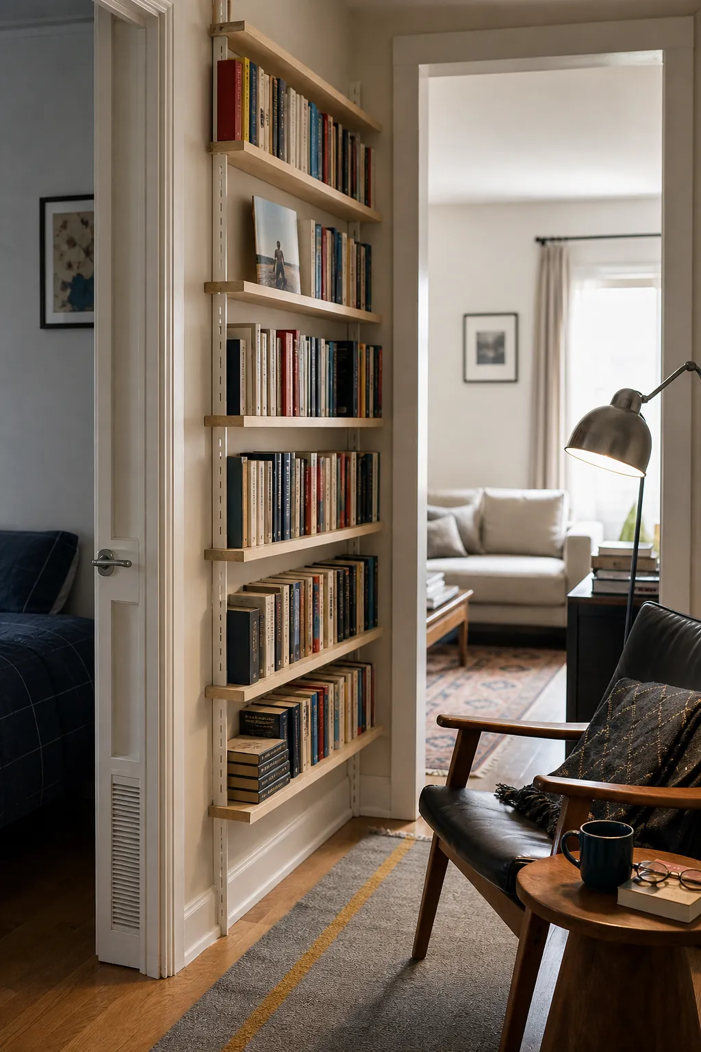 Shallow paperback shelves on a narrow wall in a small apartment