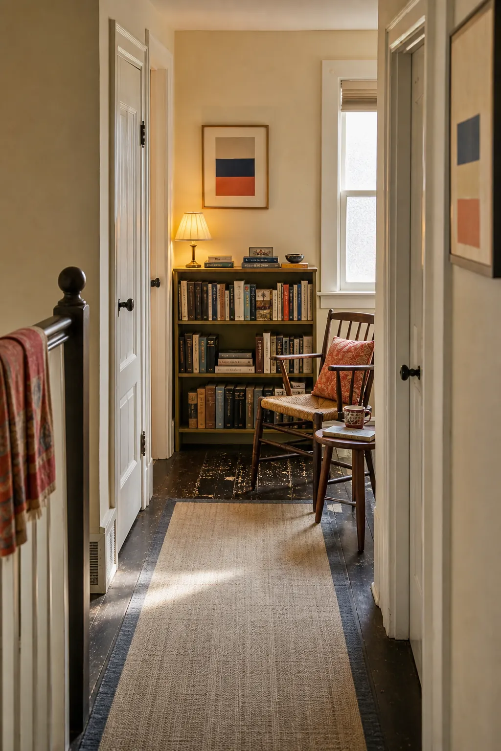 Small reading library at the quiet end of a hallway