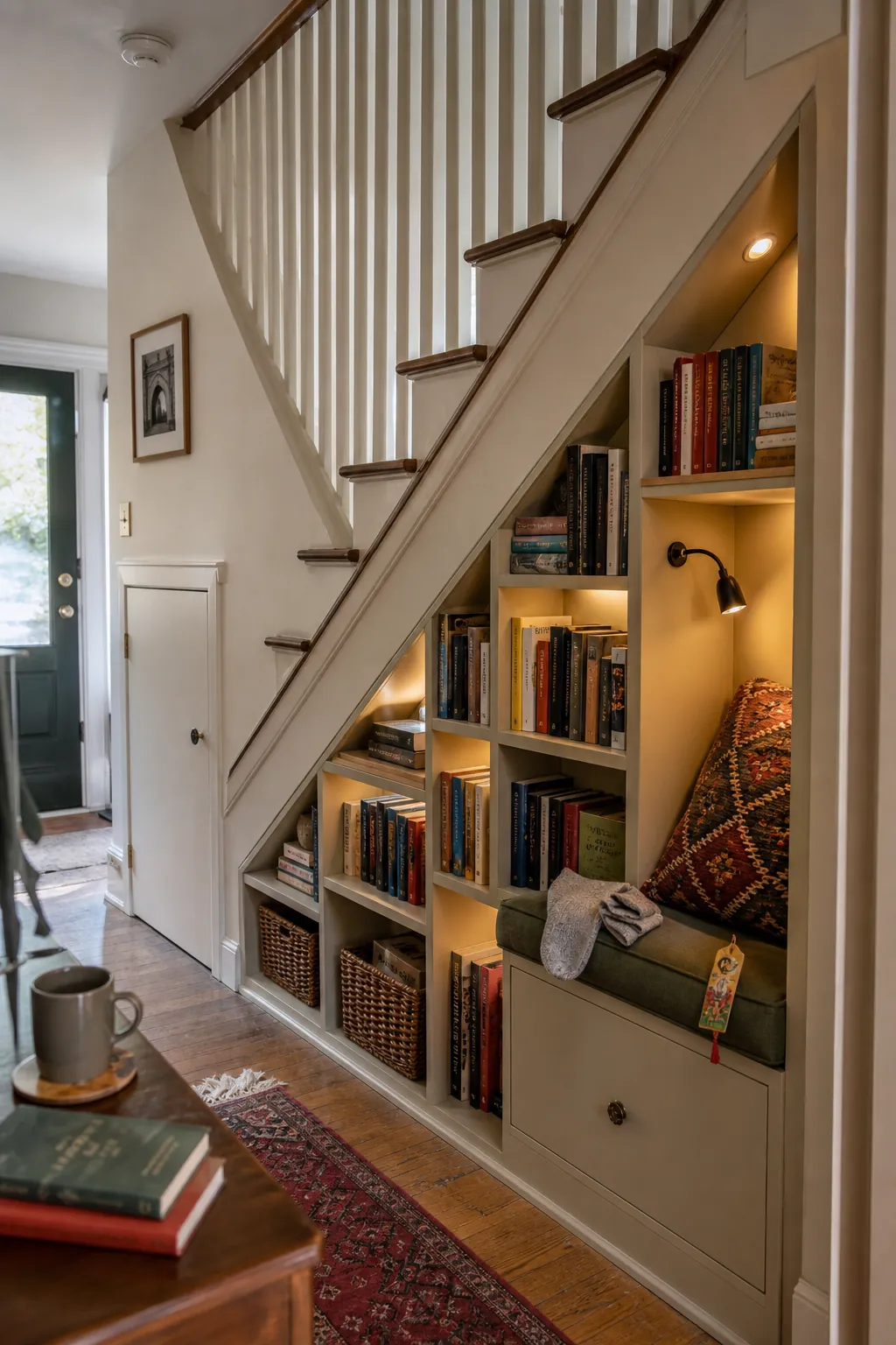 Stepped book storage and reading seat beneath a staircase