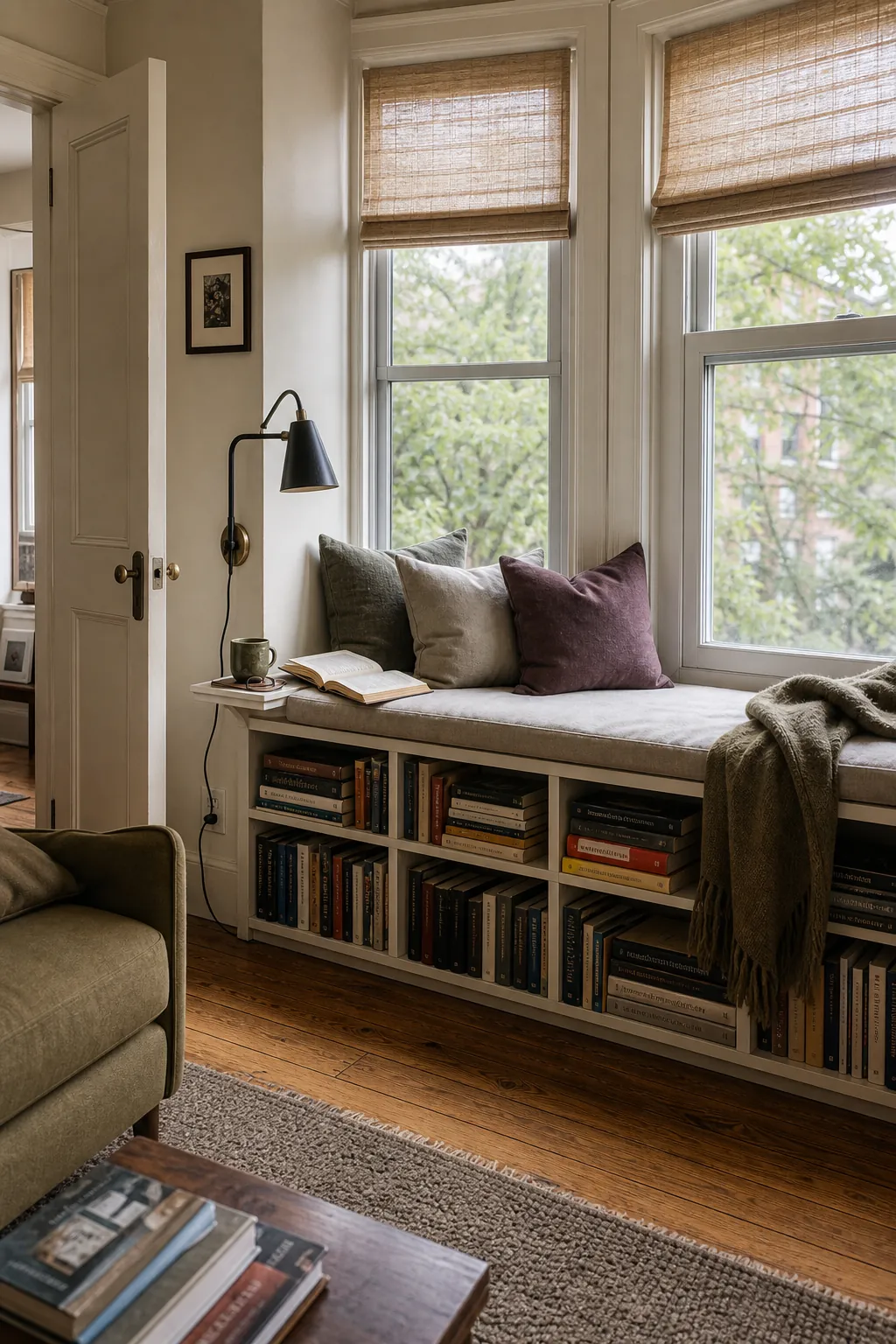 Window bench with open book cubbies in a small reading nook