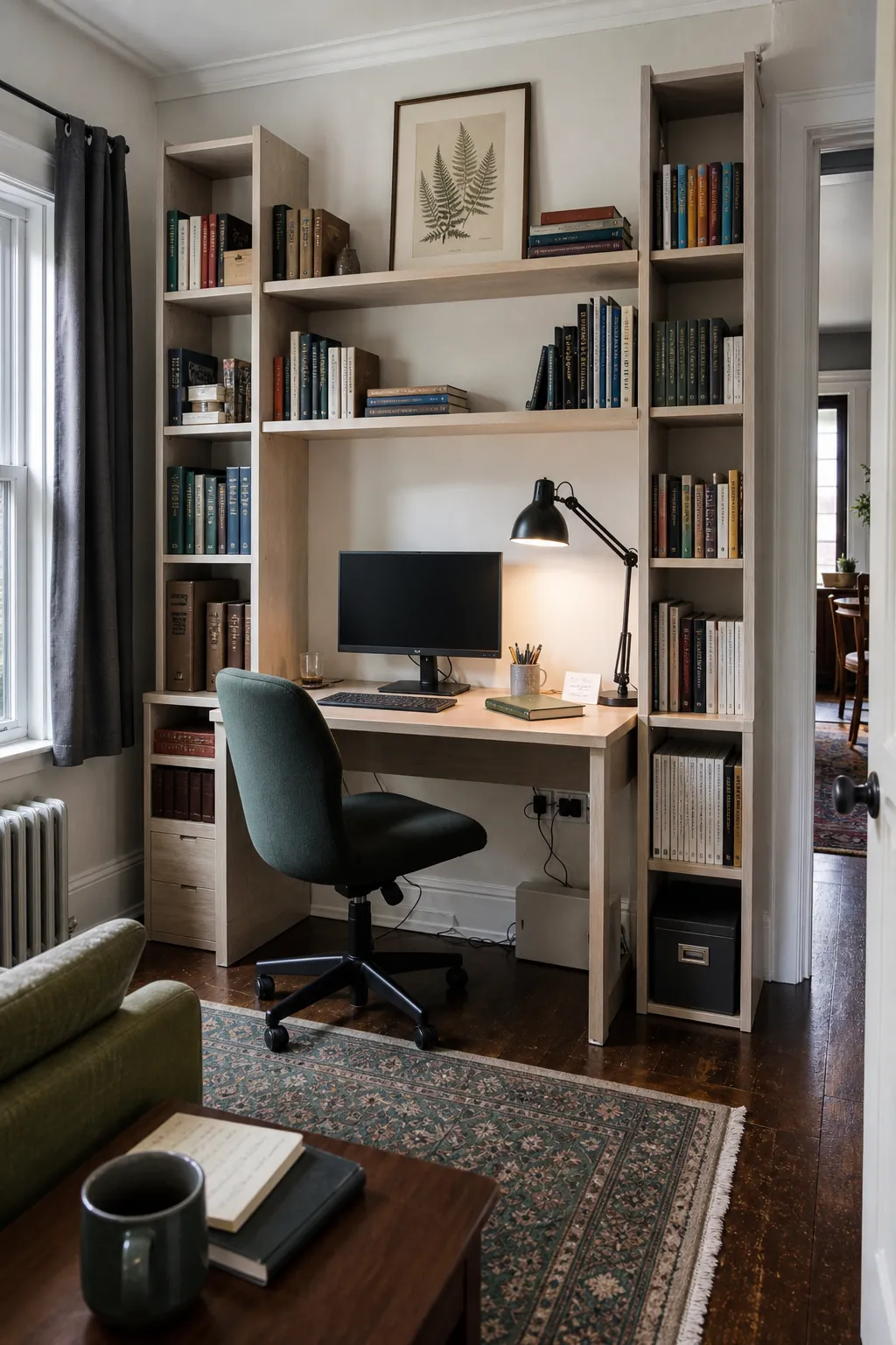 Small home office desk wrapped with practical book shelving