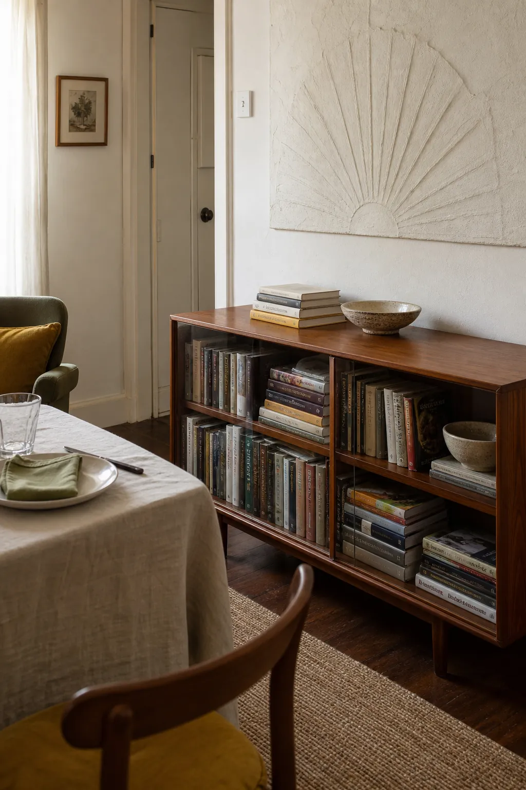 Dining room sideboard repurposed for attractive book storage