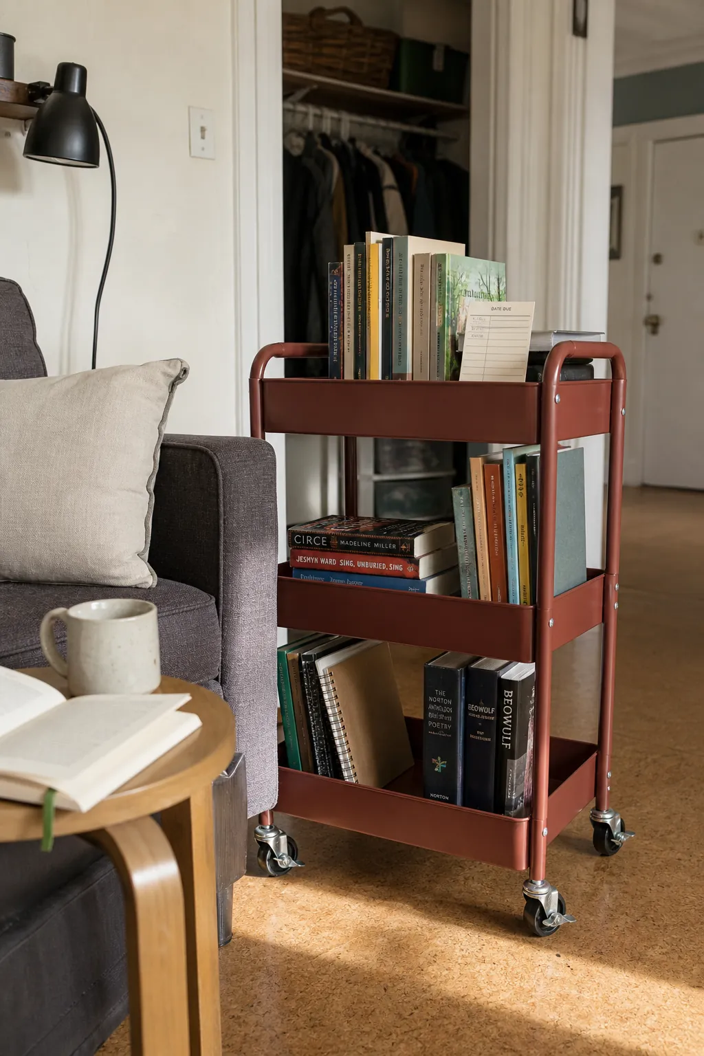 Rolling book cart used as a flexible renter-friendly home library
