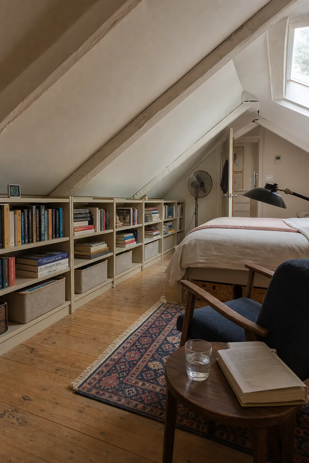 Low modular home library beneath a sloped attic ceiling