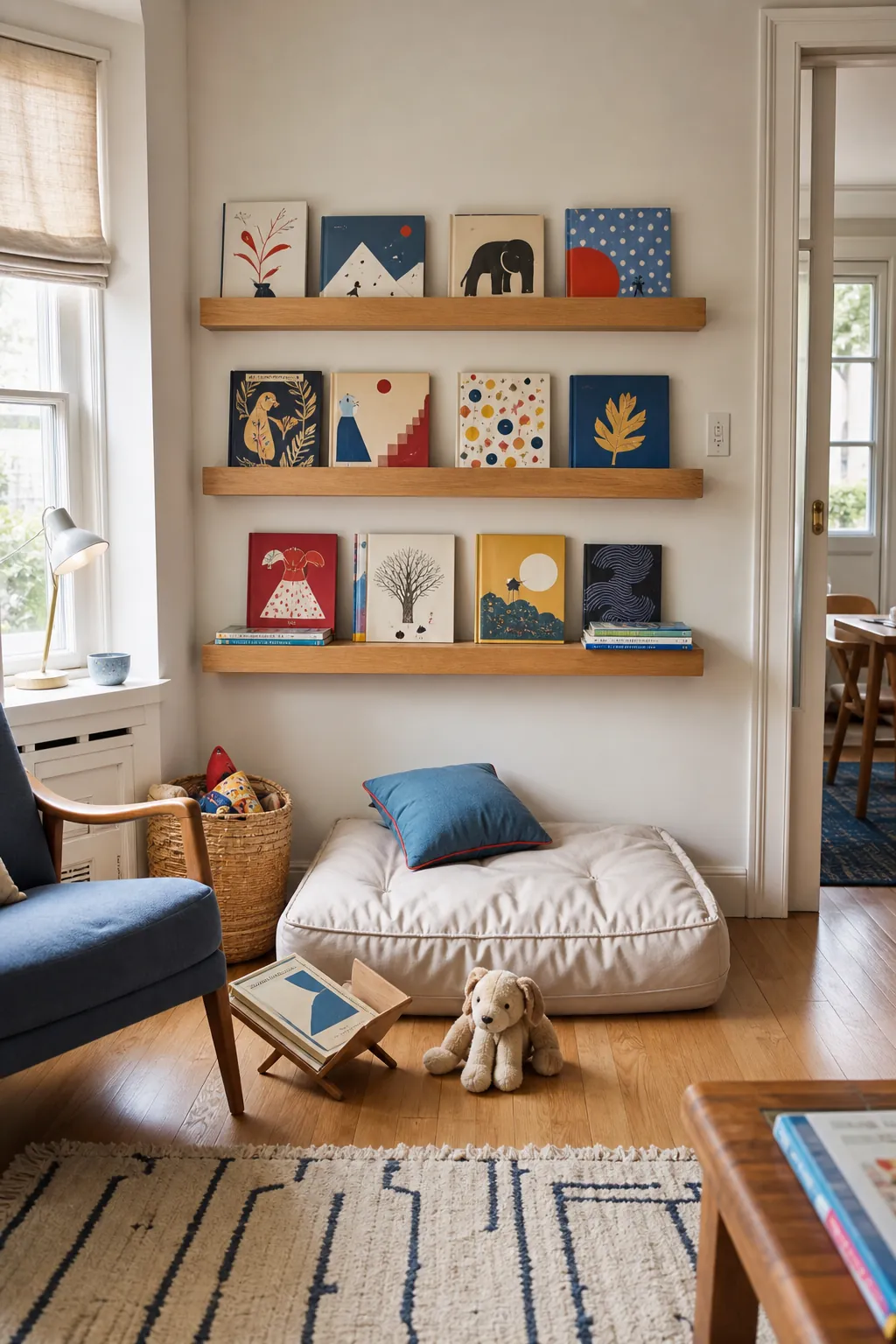 Shallow picture ledges displaying book covers in a small reading area