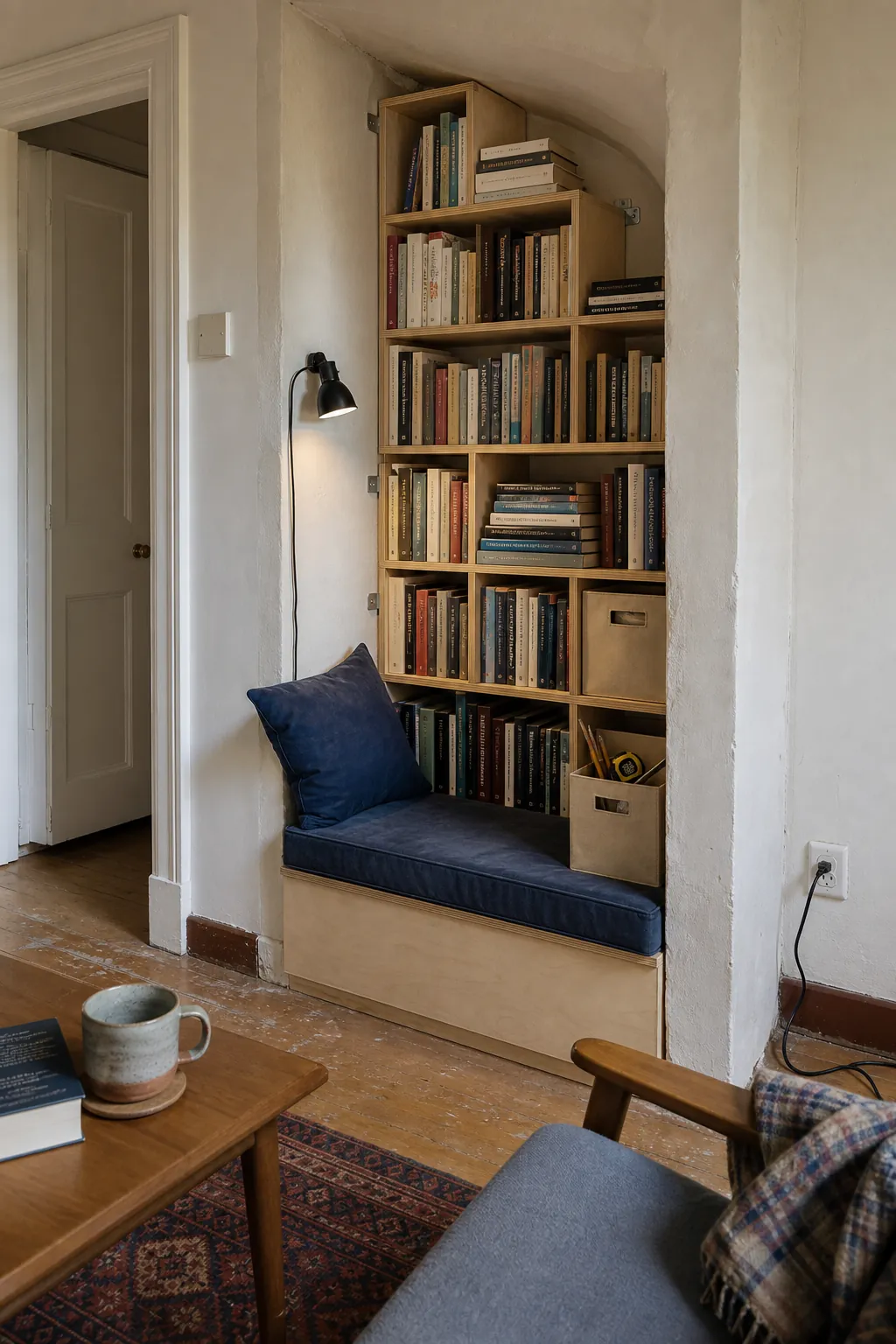Modular book cubes fitted into an awkward small alcove
