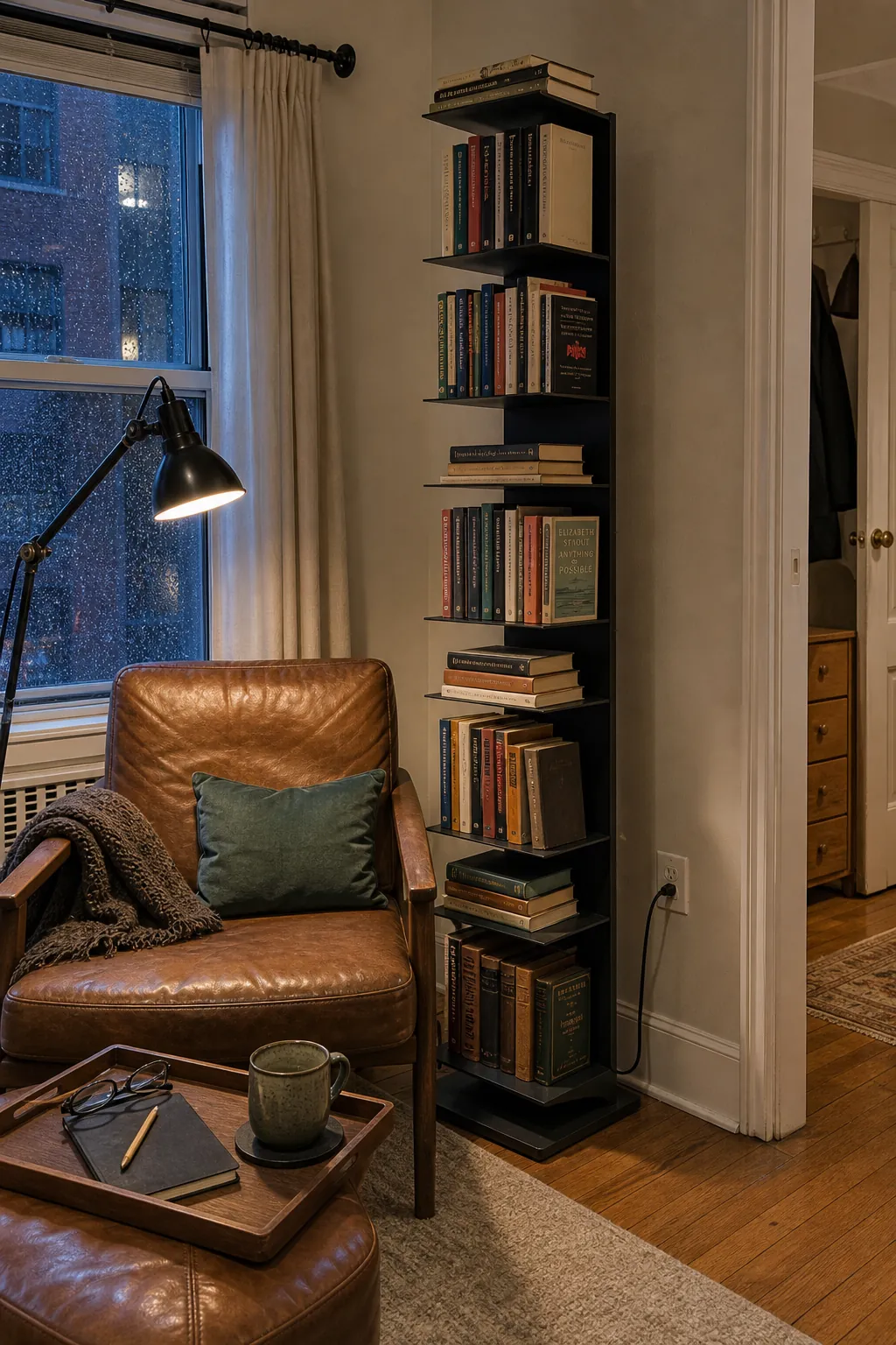 Single narrow book tower beside a comfortable reading chair