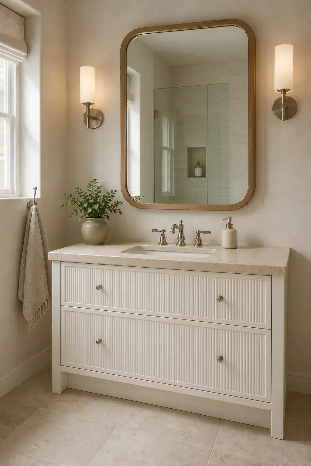 Warm textured bathroom centered on a white vanity