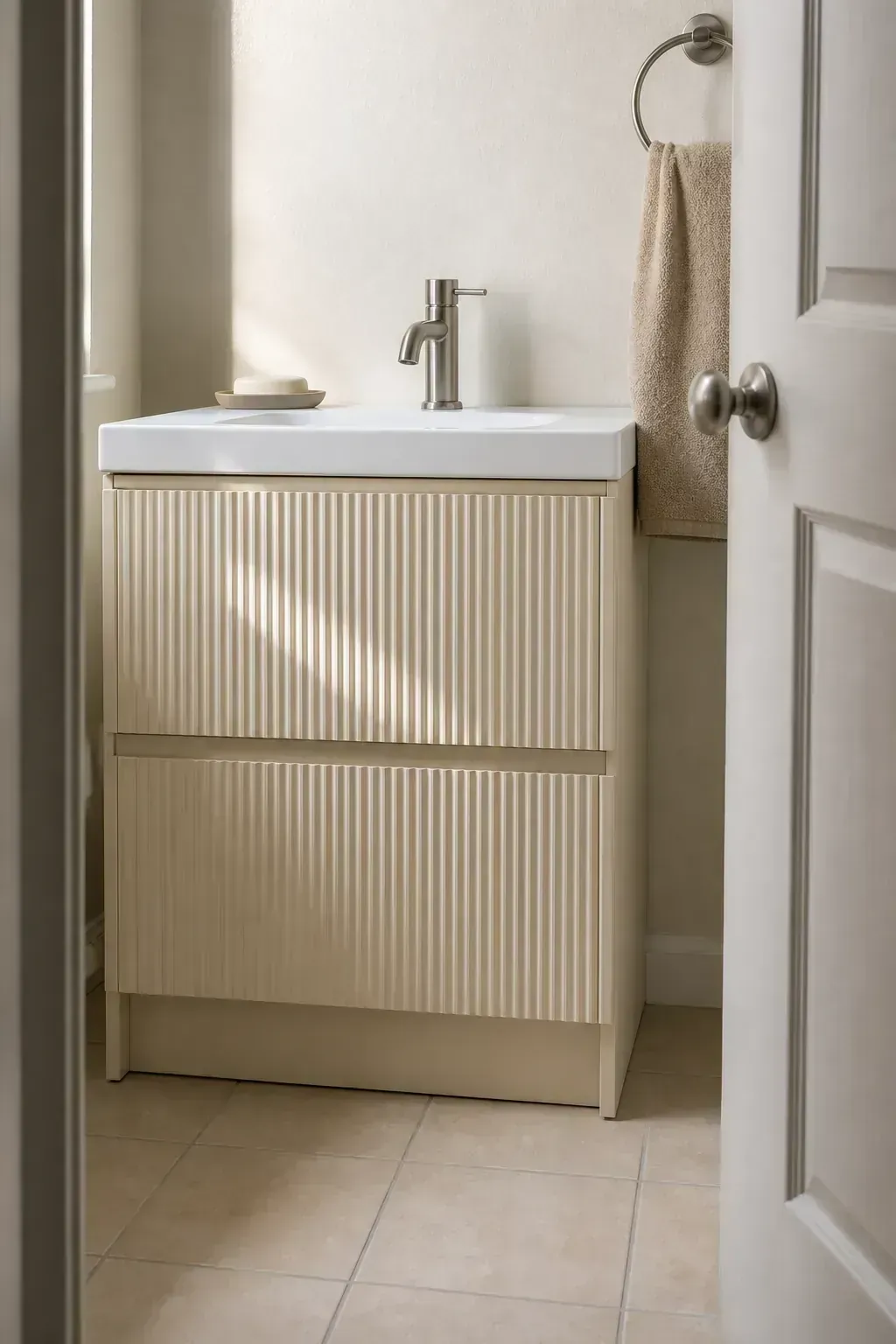 Warm off-white reeded bathroom vanity