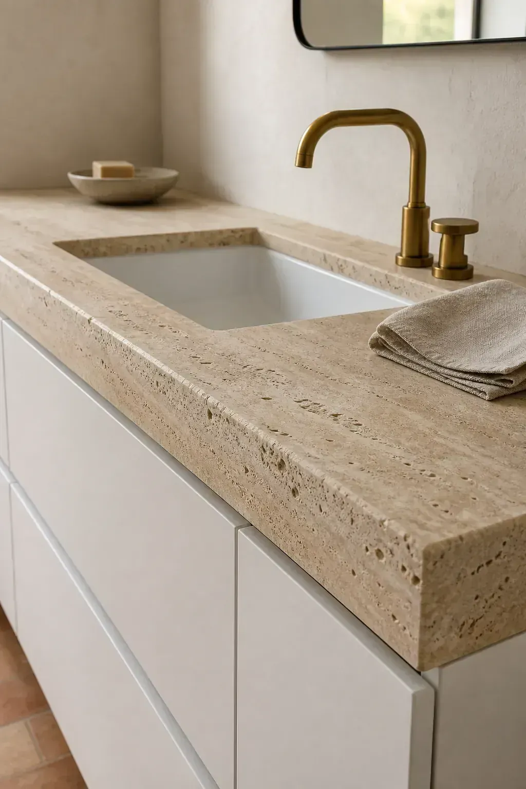White vanity with a warm honed travertine counter