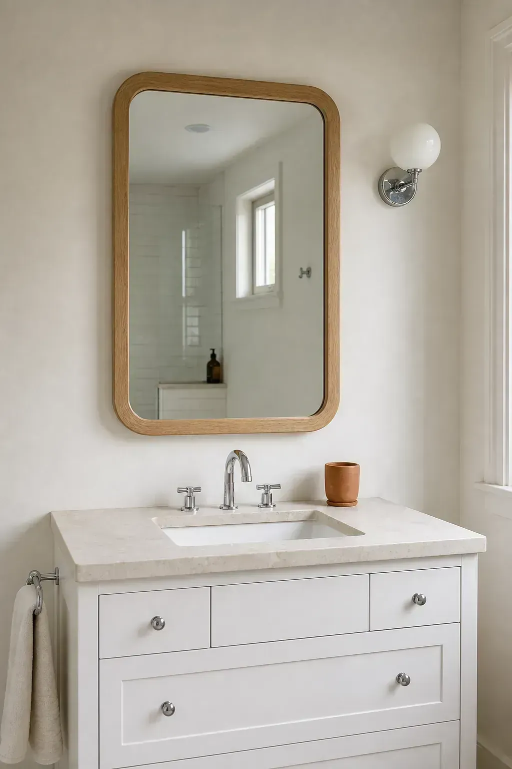 White bathroom vanity with rounded white oak mirror