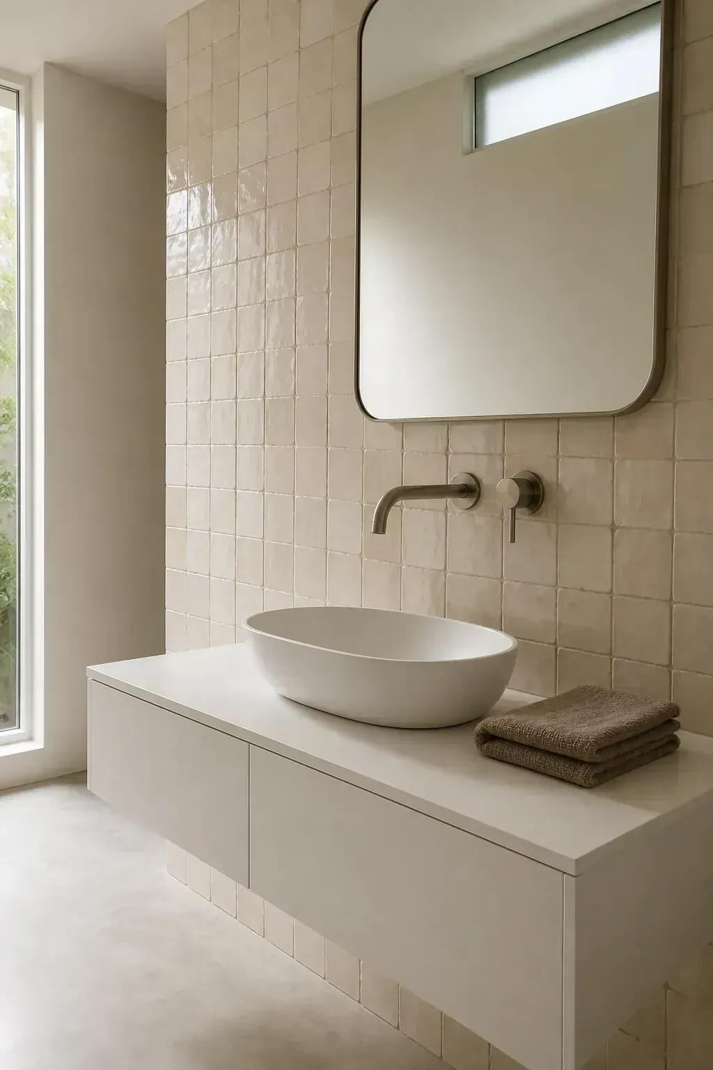 White vanity backed by handmade cream tile