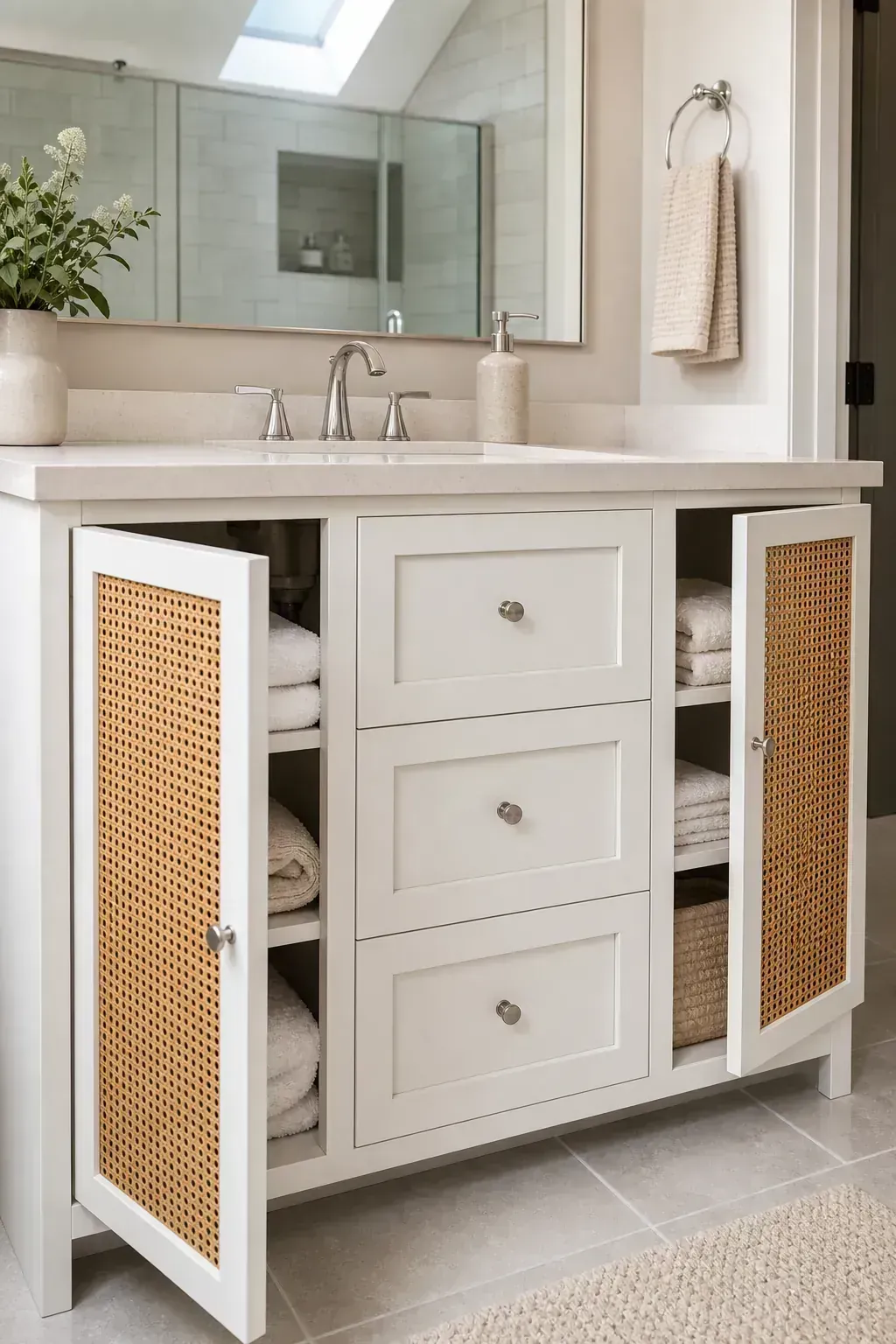 White vanity with woven cane bathroom storage