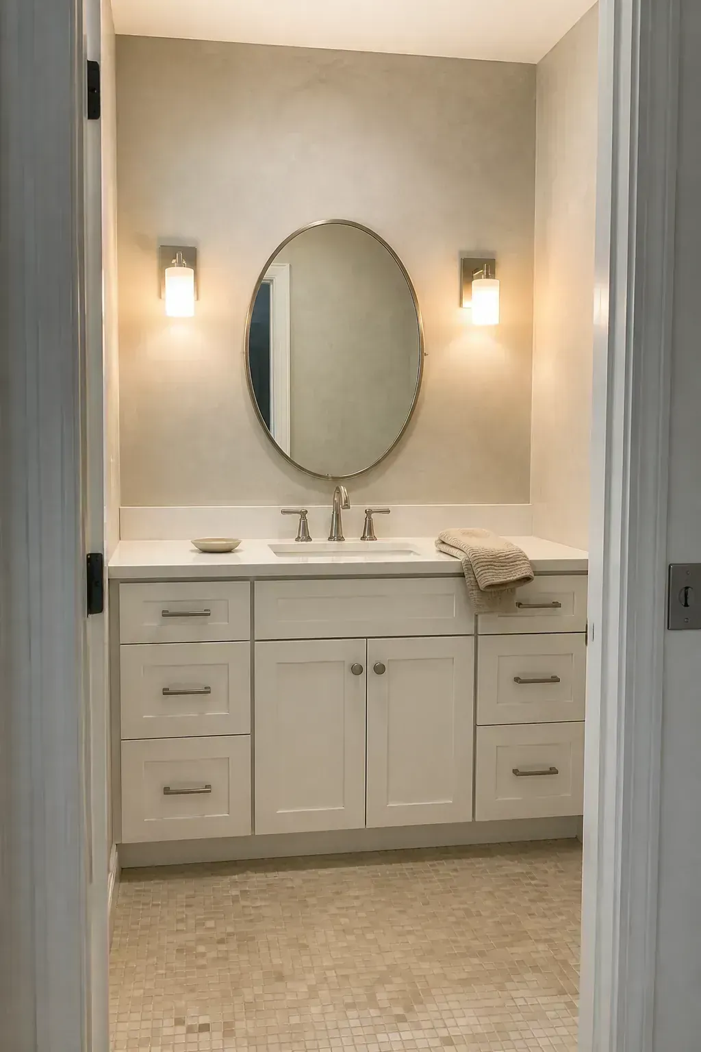 White vanity against warm putty limewash walls