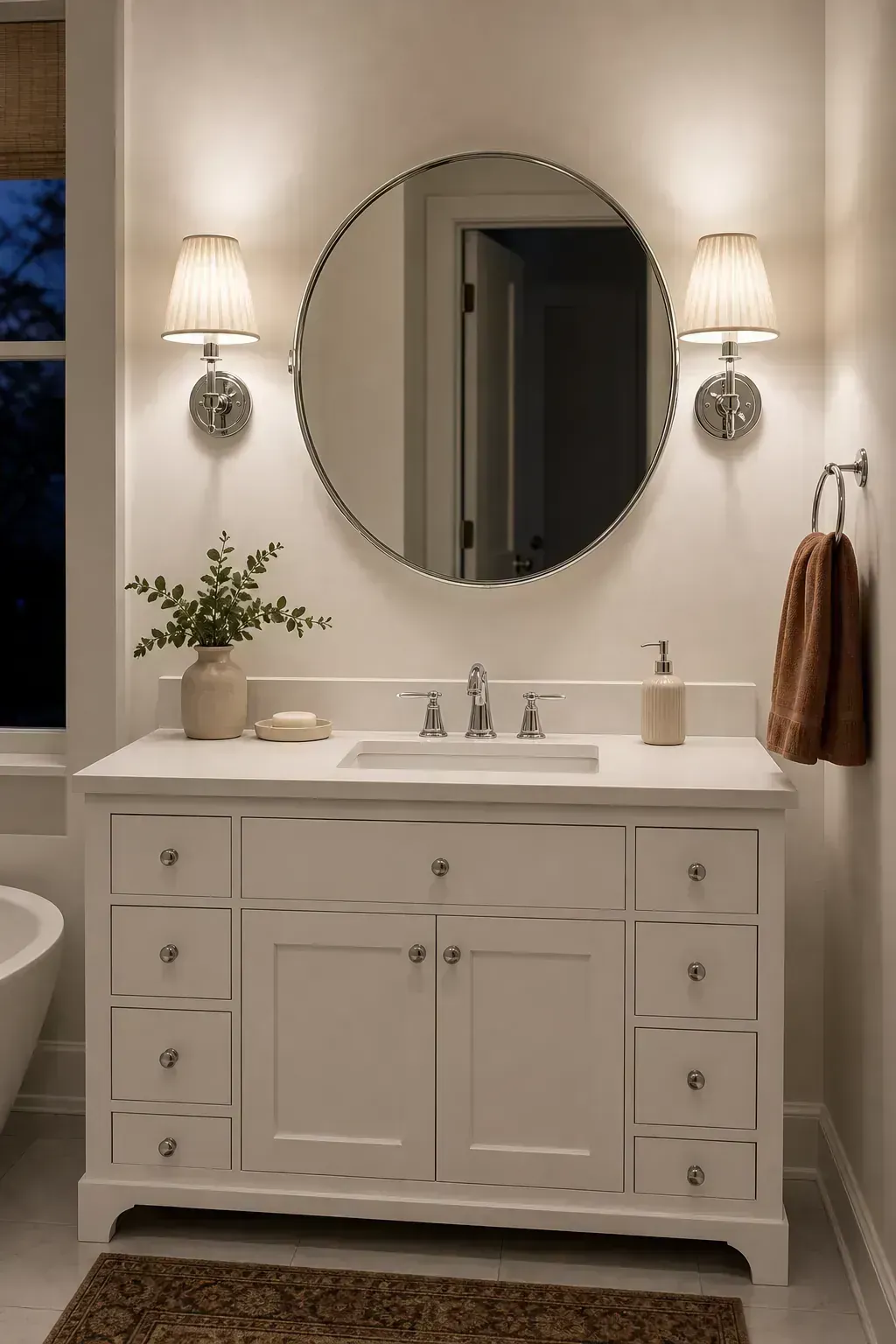 White vanity lit by pleated linen sconces