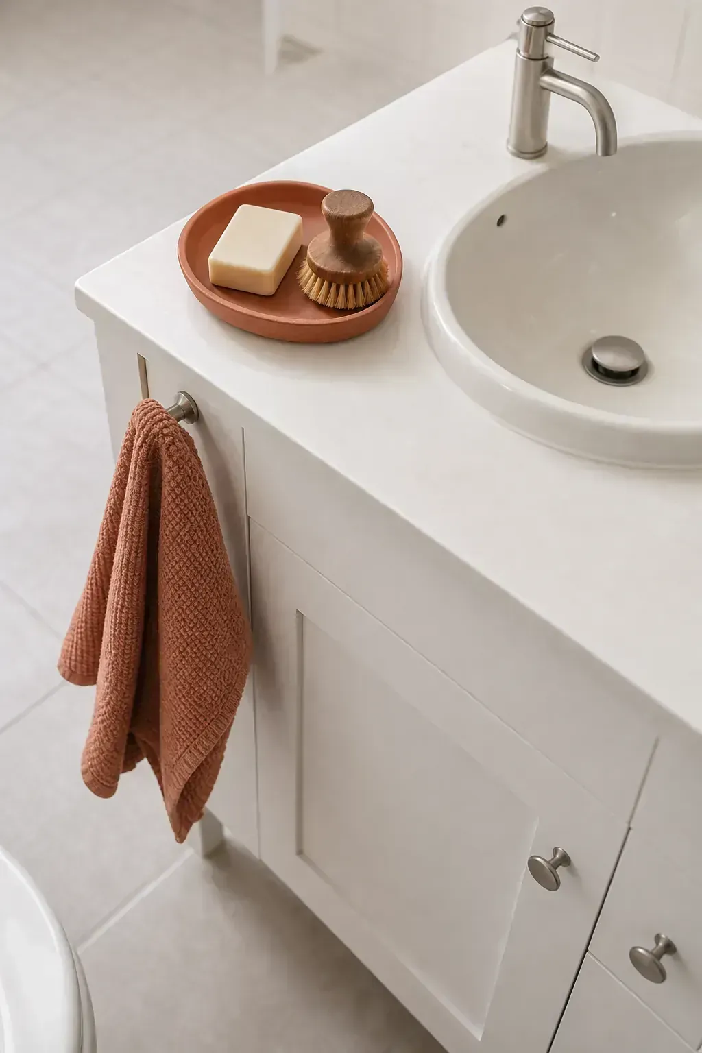 White vanity styled with muted terracotta accents