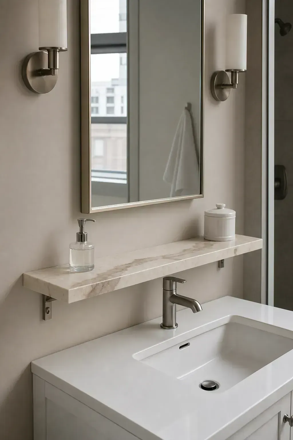 White vanity with a softly veined marble shelf