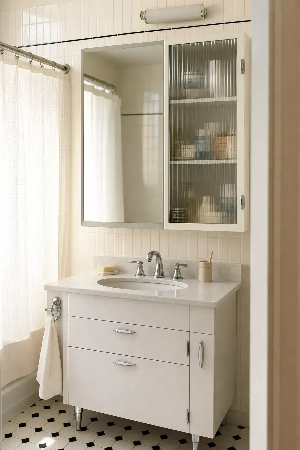 White vanity with ribbed glass medicine cabinet
