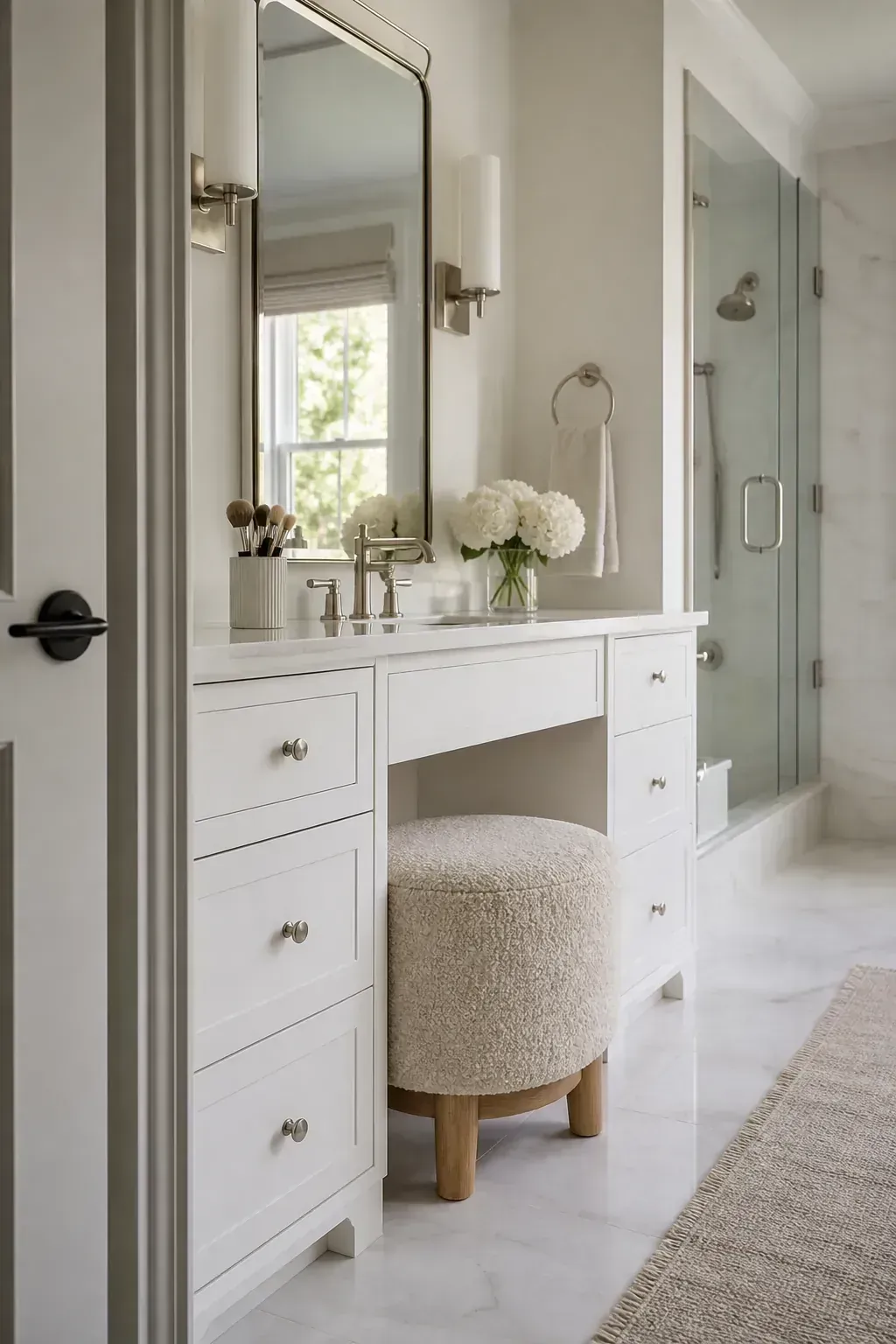 White bathroom vanity with a textured boucle stool