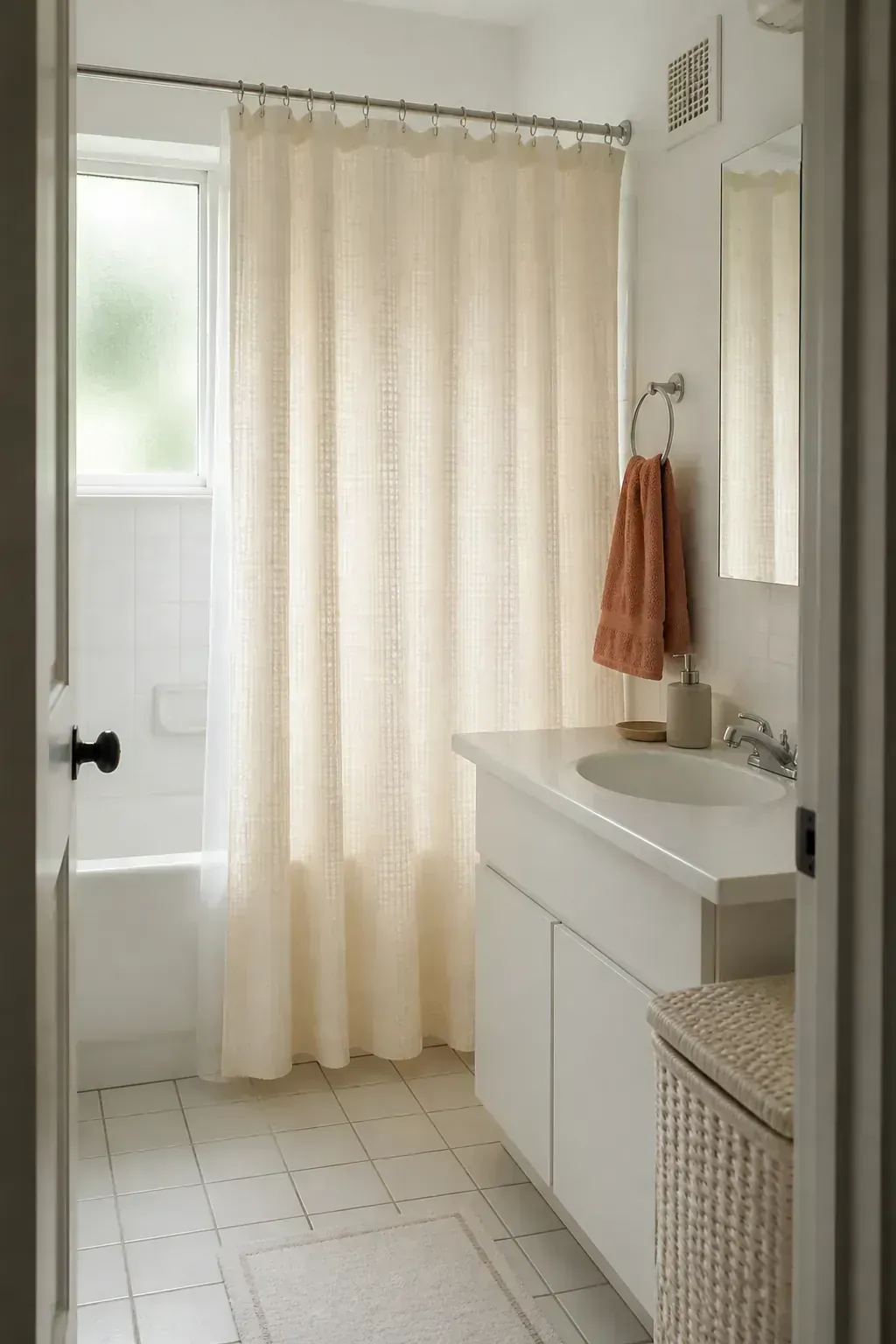 White vanity bathroom with waffle weave shower curtain