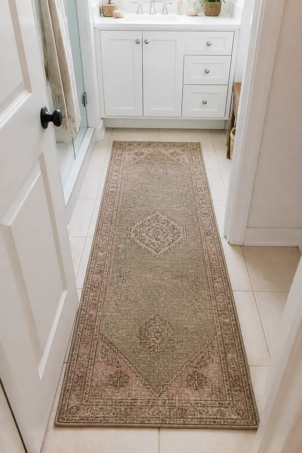 White vanity softened by a warm wool-look runner