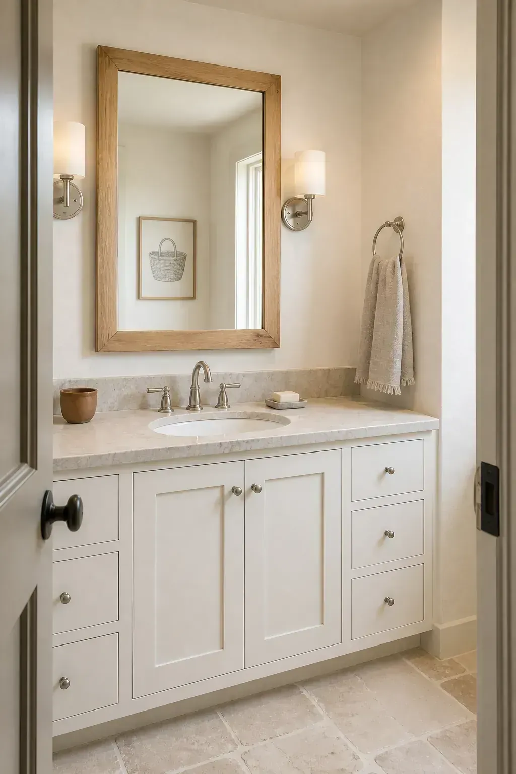 White bathroom vanity in a balanced warm textured interior