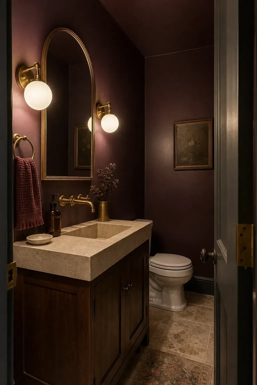 Layered moody half bathroom with deep plum walls, stone basin, and warm brass lighting