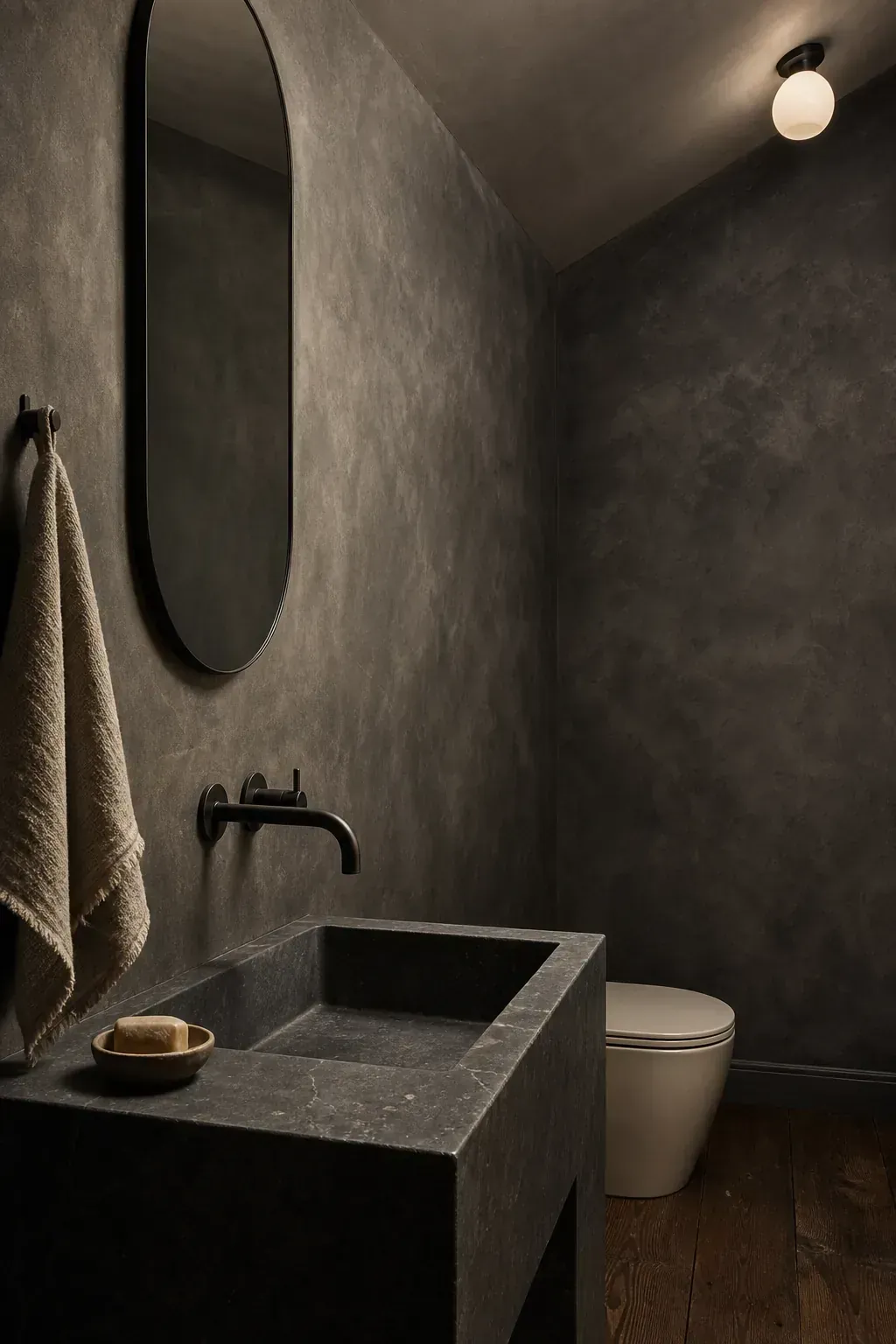 Charcoal limewash walls in a textural moody powder room