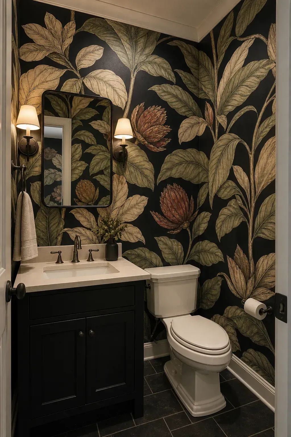 Overscale botanical wallpaper in a dramatic powder room