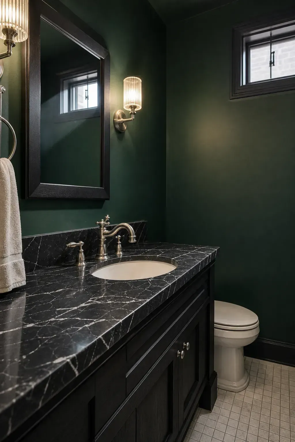 Emerald moody half bath grounded by a black marble vanity top