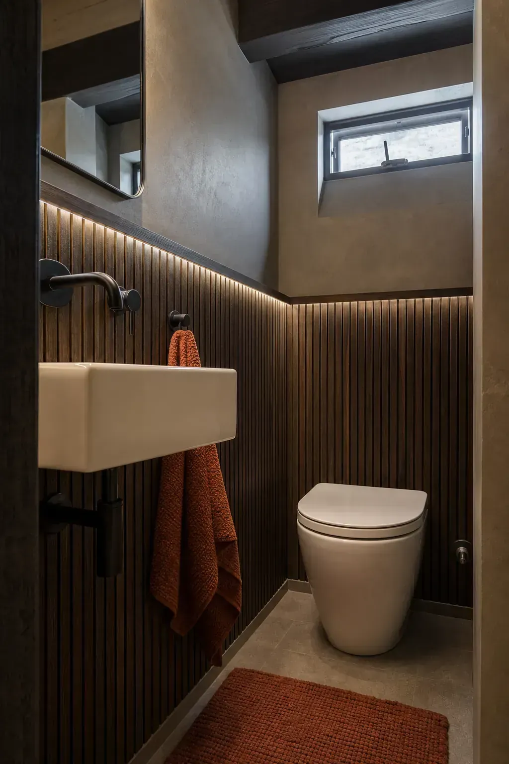 Reeded dark wood paneling in a compact moody half bathroom