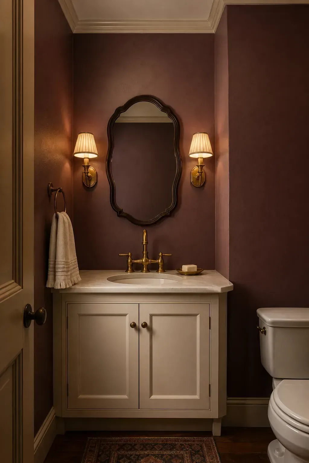 Aubergine half bathroom with aged brass faucet and sconces