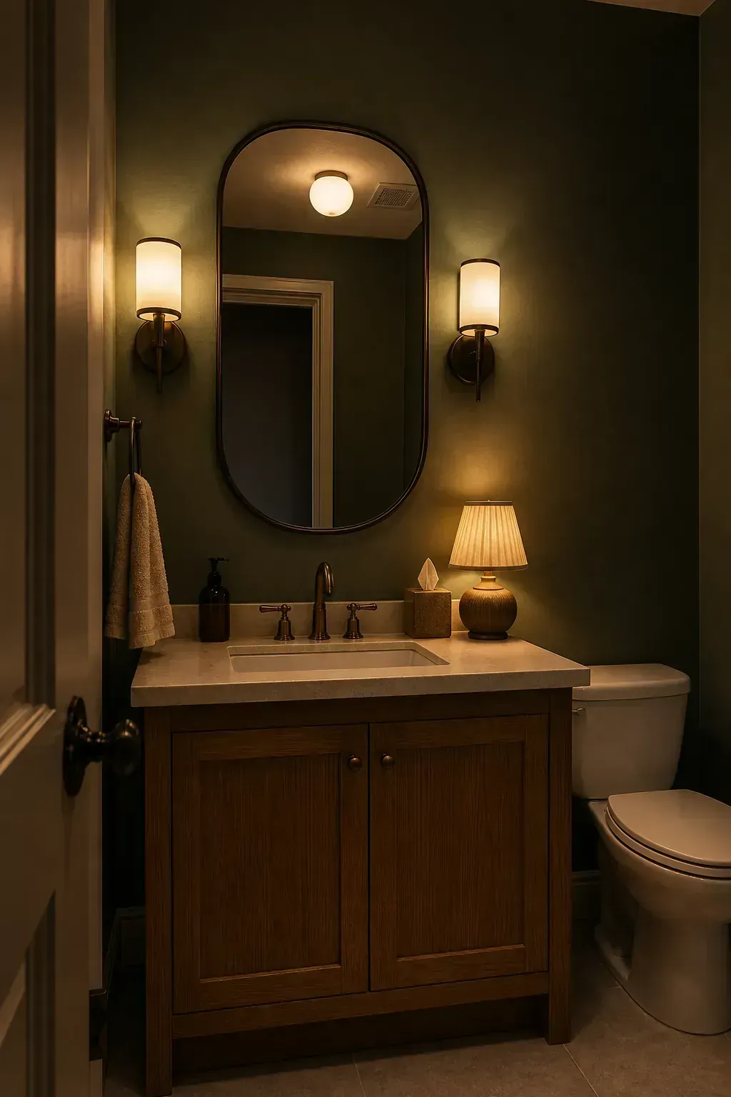 Layered warm sconces and a small accent lamp in a moody half bath
