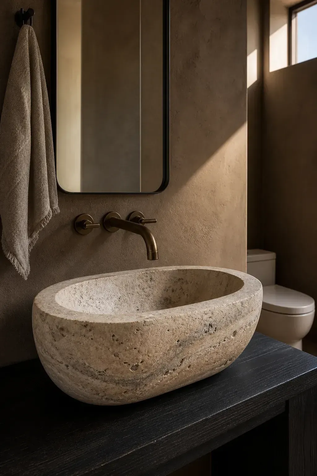 Sculptural stone vessel basin in a dark moody powder room