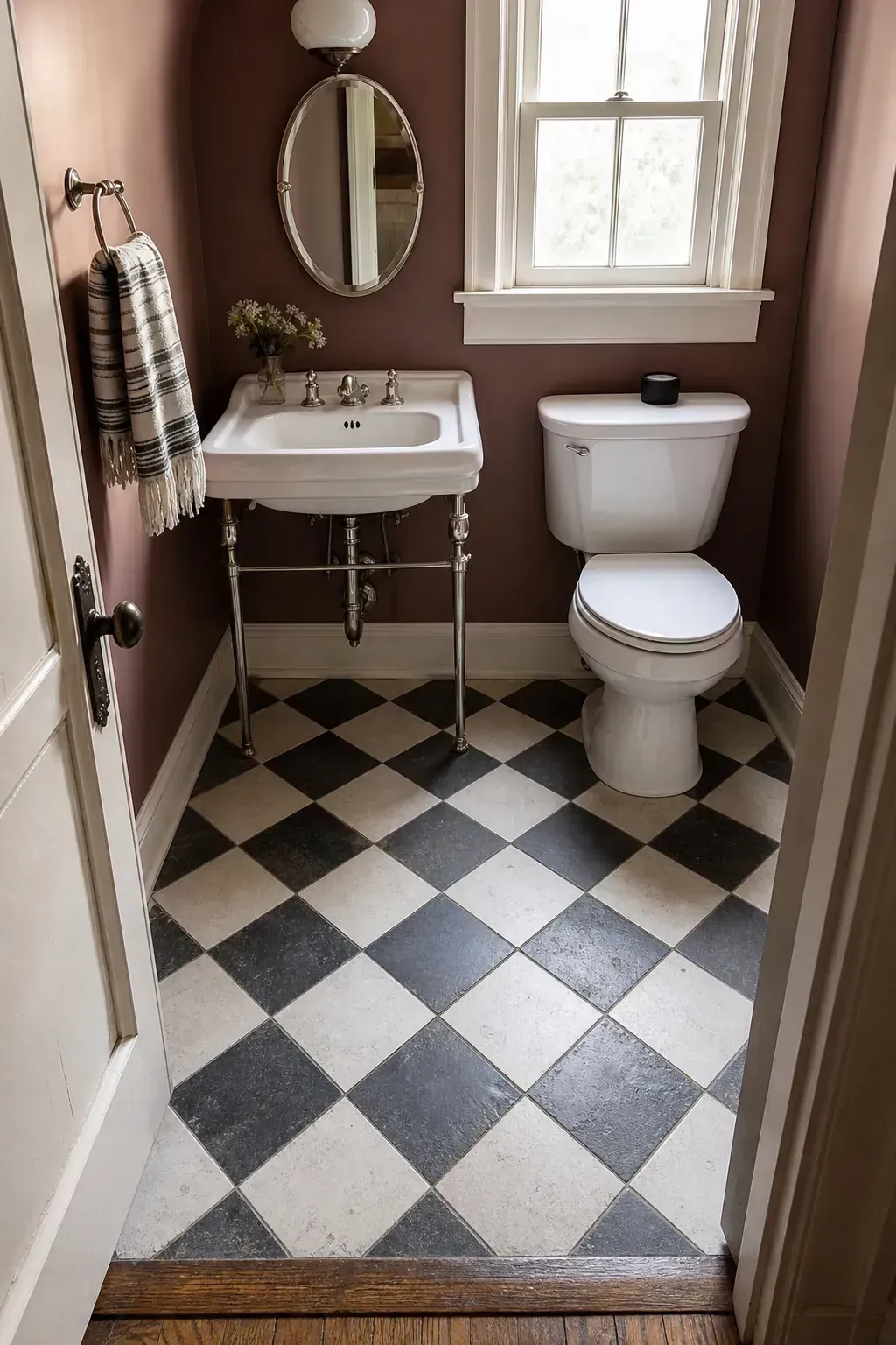 Black-and-white checkerboard floor in a vintage moody half bathroom