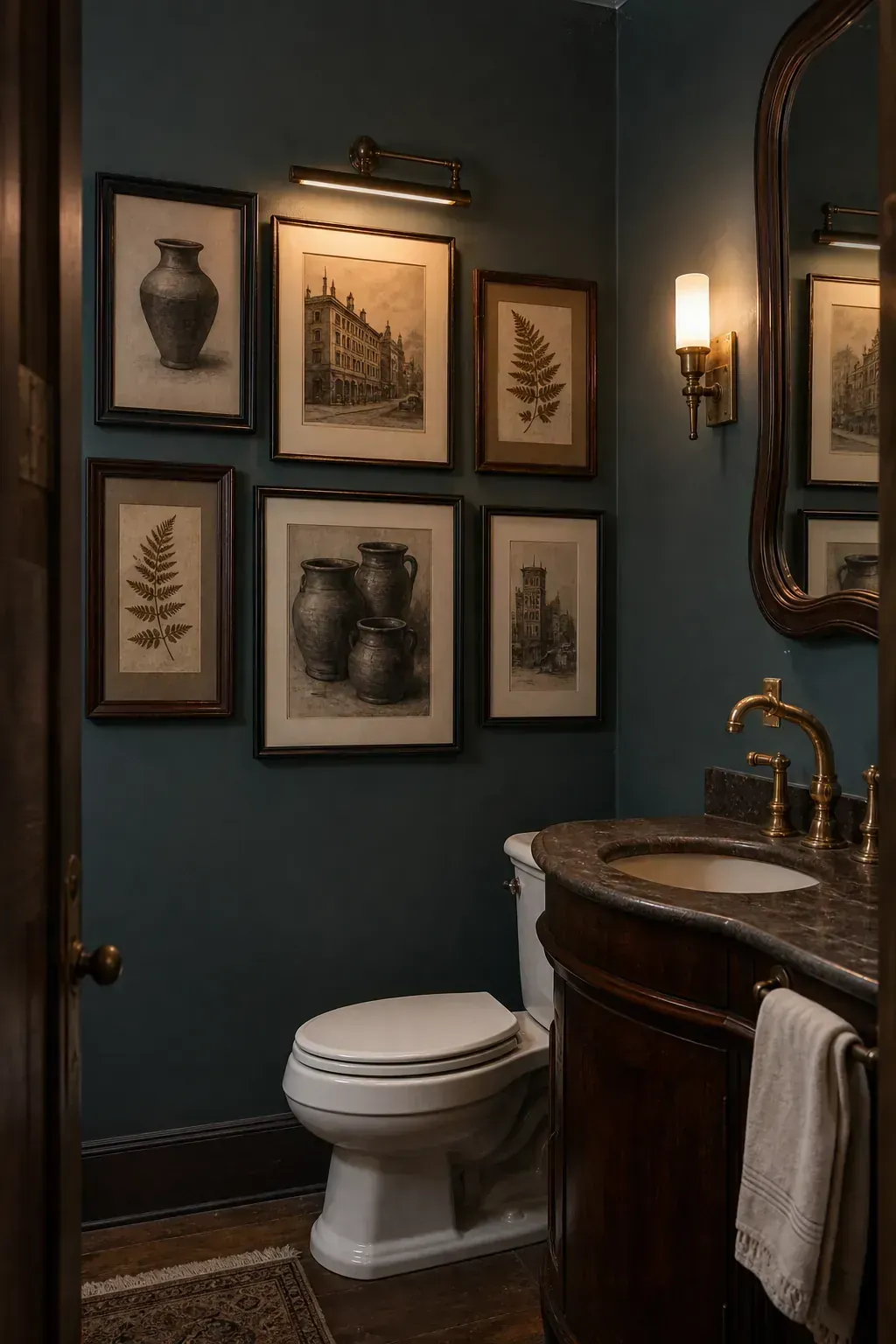 Curated vintage gallery wall in a moody half bathroom