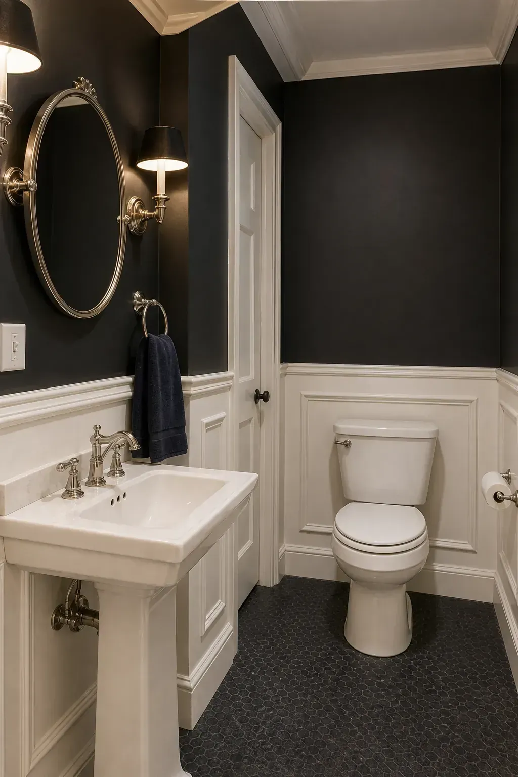Dark moody powder room walls above warm white wainscoting