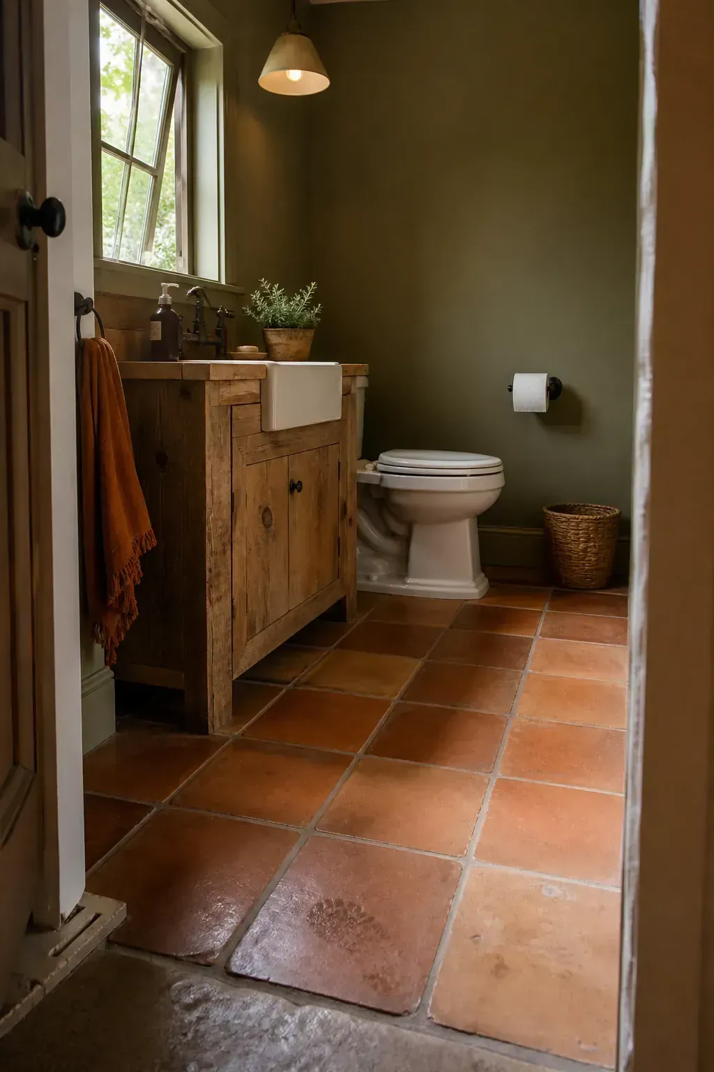 Olive green moody half bath with terracotta floor tile