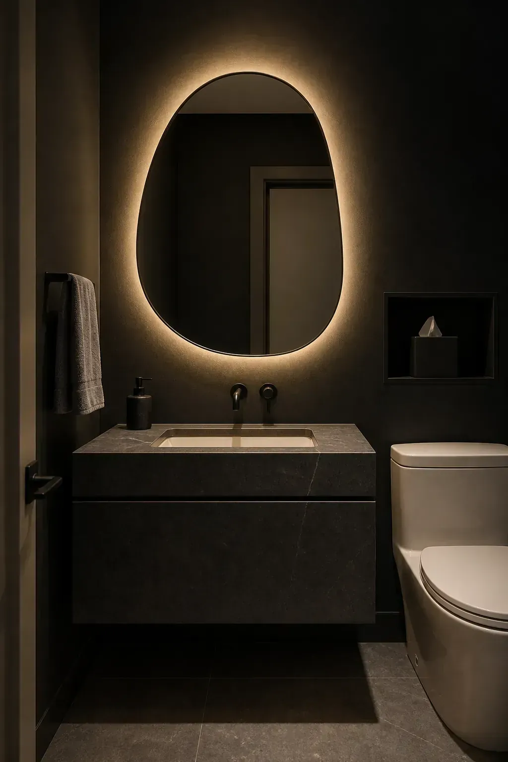 Softly illuminated mirror as the focal point in a dark half bath