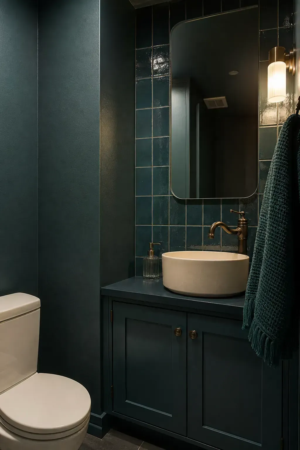 Deep teal monochrome moody powder room with tonal tile and paint