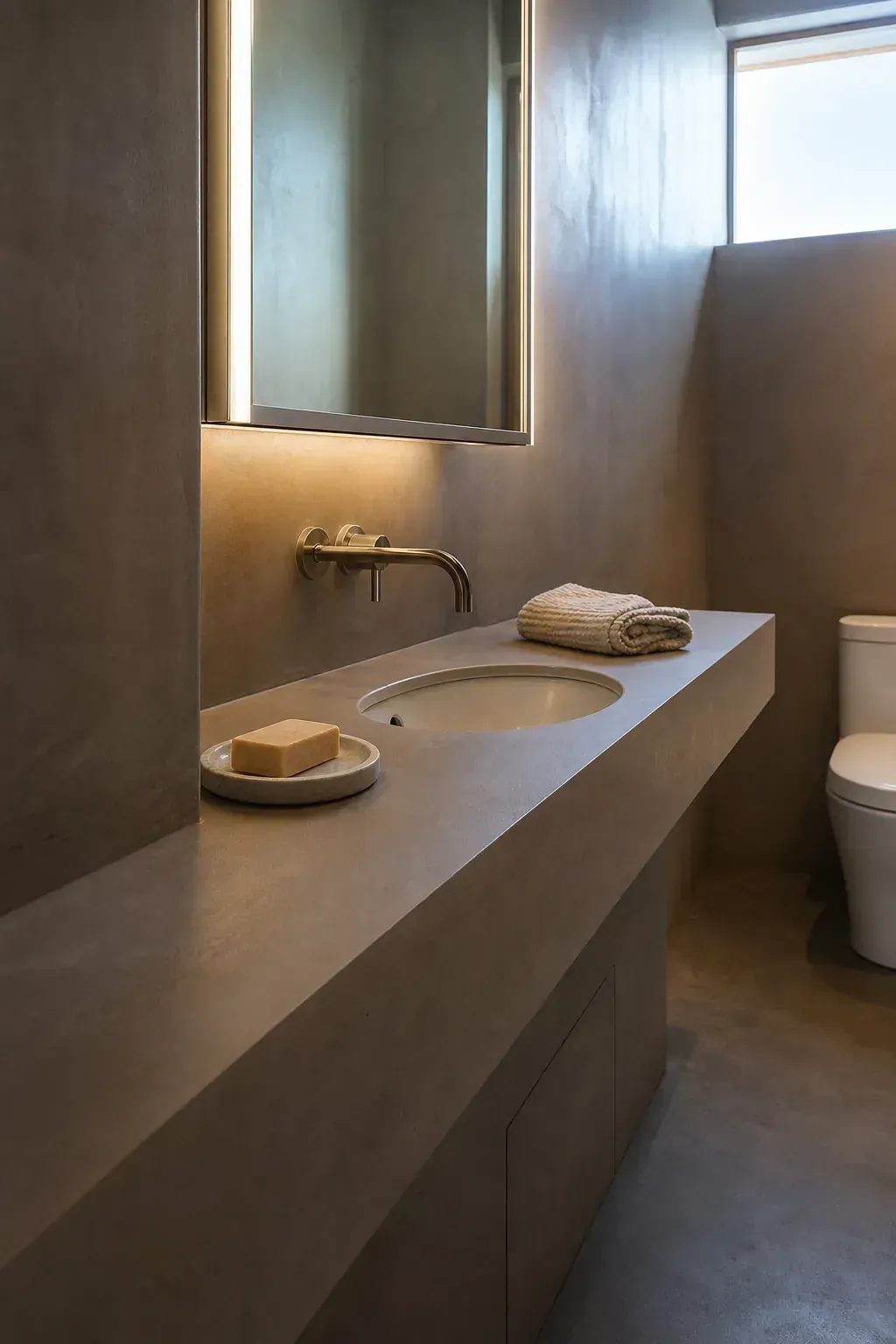 Seamless dark plaster sink ledge in a minimalist moody half bath
