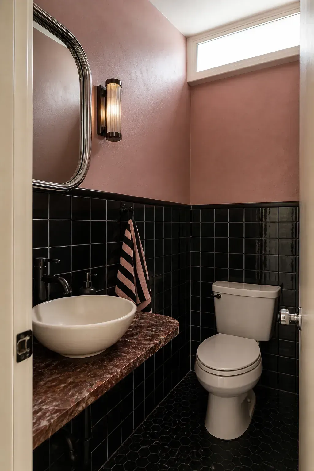 Black tile and dusty pink walls in a playful moody half bathroom
