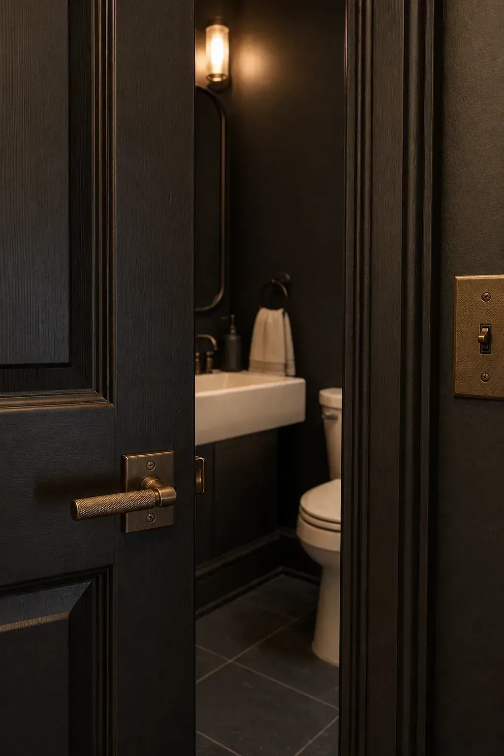 Near-black painted door and trim in a dramatic powder room