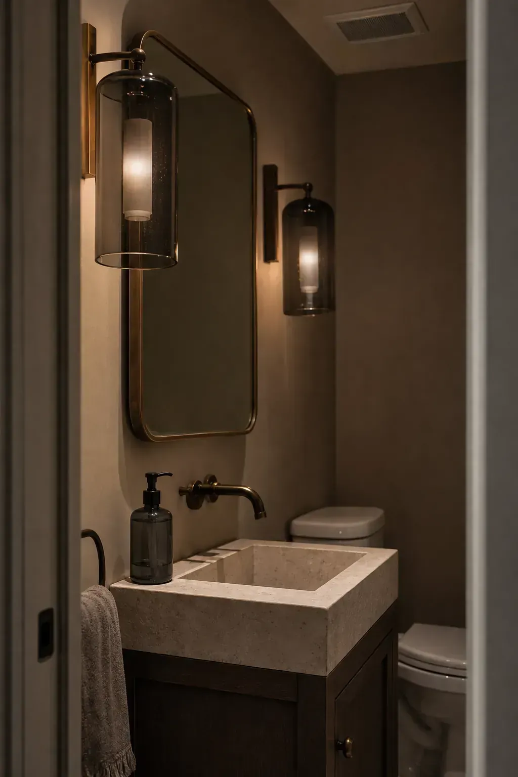 Smoked glass sconces and accessories in an atmospheric half bathroom